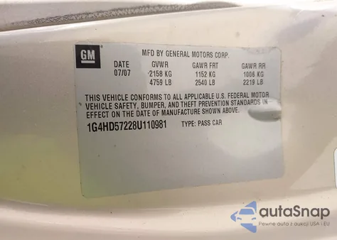 2008 Buick Lucerne Cxl z USA, uszkodzony, nr VIN 1G4HD57228U110981